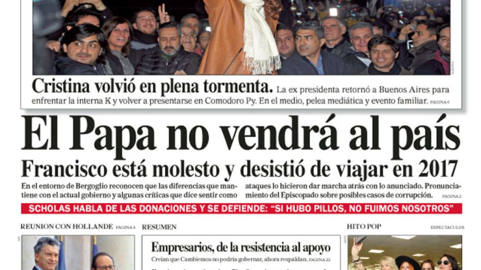 Tapa de la edición impresa del diario Perfil del 3 de Julio de 2016