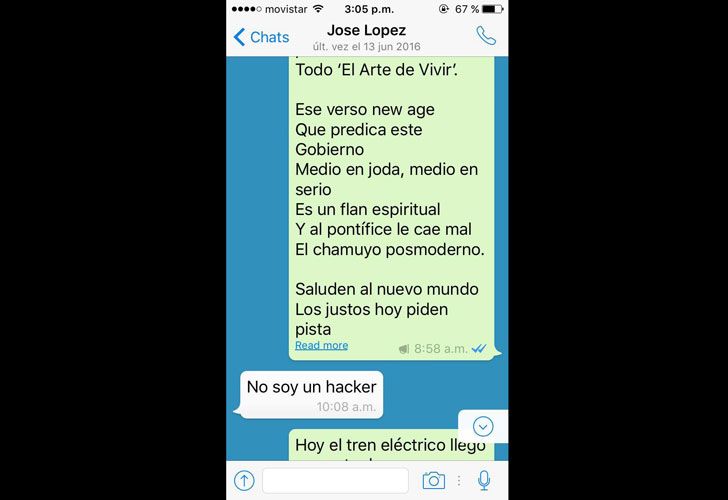 EL CHAT CON LOPEZ. Devoto mostró a PERFIL su última conversación con el detenido. Según el publicista, se trató de un poema con mensajes contra el gobierno de Macri que envió a sus 256 contactos. Dijo que fue el único intercambio y que López le contestó, con un misterioso: “No soy un hacker”.