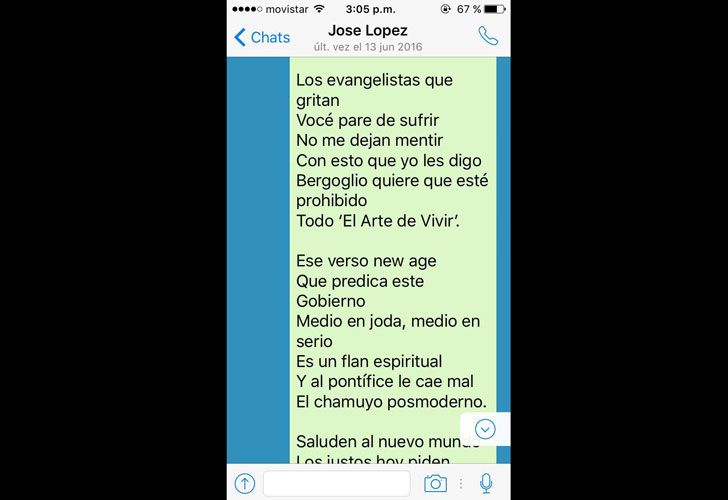 EL CHAT CON LOPEZ. Devoto mostró a PERFIL su última conversación con el detenido. Según el publicista, se trató de un poema con mensajes contra el gobierno de Macri que envió a sus 256 contactos. Dijo que fue el único intercambio y que López le contestó, con un misterioso: “No soy un hacker”.