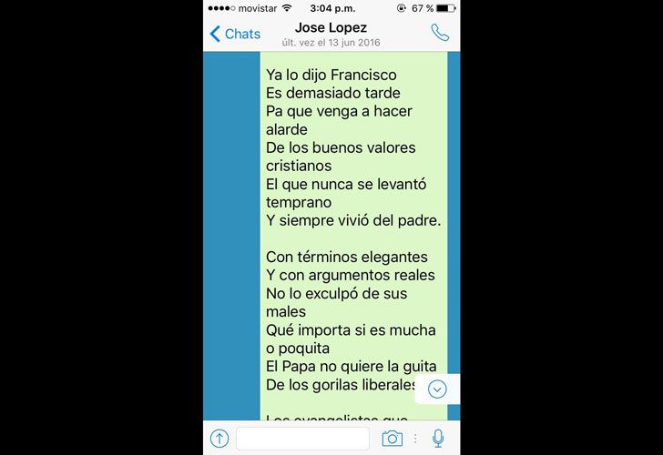 EL CHAT CON LOPEZ. Devoto mostró a PERFIL su última conversación con el detenido. Según el publicista, se trató de un poema con mensajes contra el gobierno de Macri que envió a sus 256 contactos. Dijo que fue el único intercambio y que López le contestó, con un misterioso: “No soy un hacker”.