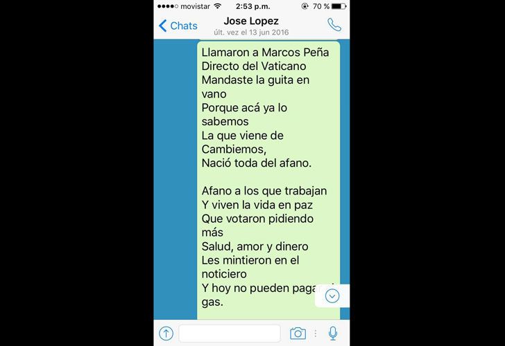 EL CHAT CON LOPEZ. Devoto mostró a PERFIL su última conversación con el detenido. Según el publicista, se trató de un poema con mensajes contra el gobierno de Macri que envió a sus 256 contactos. Dijo que fue el único intercambio y que López le contestó, con un misterioso: “No soy un hacker”.