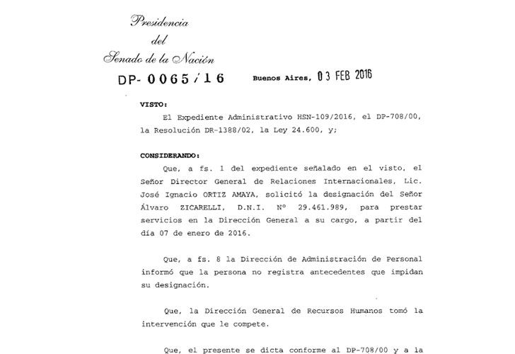 La designación oficial del Senado de Álvaro Zicarelli, también integrante del Staff de SUMA.