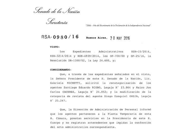 La designación oficial del Senado que Michetti dispuso por Santiago Riobó, también integrante de la fundación.
