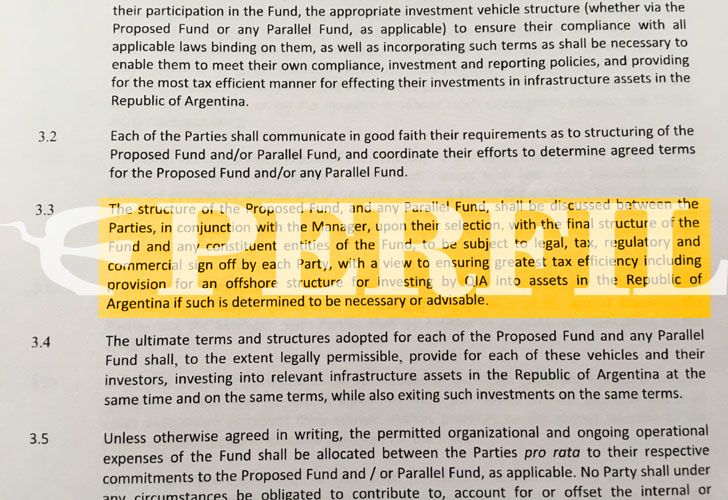 Este fragmento menciona la posibilidad de que se constituya una estructura offshore, uno de los puntos más controvertidos del acuerdo. 