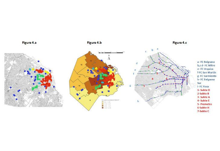 Relación entre hallazgos de escorpiones, densidad de población y estaciones de trenes y subterráneo y metro. Figura 4.a. Muestra la distribución y densidad de hallazgos de escorpiones. Áreas buffer definidas por entornos de 250 metros de radio sobre cada hallazgo georreferenciado y fusionadas automáticamente en los casos de superposición. El mapa temático indica el rango de hallazgos en cada área obtenida con un código de color que indica lo siguiente: Rojo: entre 30 y 87 hallazgos; Verde: entre 10 y 29 hallazgos; Amarillo: entre 6 y 9 hallazgos; Celeste: entre 4 y 5 hallazgos; Azul: entre 1 y 3 hallazgos. Figura 4.b. Los mismos datos de la figura 5.a fueron superpuestos en un mapa indicando la densidad de población en la CABA (http://www.buenosaires.gob.ar/areas/hacienda/sis_estadistico/anuario_general/archivos/mapa1_1a.jpg) al1 de julio de 2008. Los números indican las comunas de la CABA. Figura 4.c. Estaciones de trenes, metro y subterráneo y tendido de vías férreas. Los puntos azules indican las estaciones de subterráneo y metro y los verdes las estaciones de trenes.