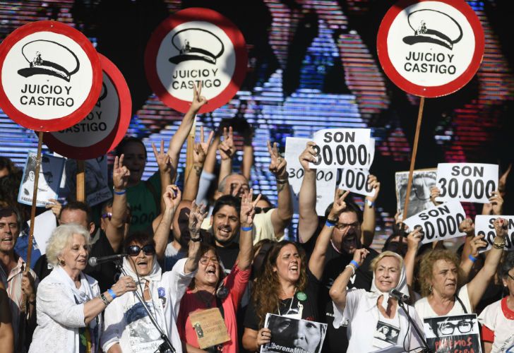 Distintas agrupaciones portando banderas y pancartas, en el acto central en Plaza de Mayo.