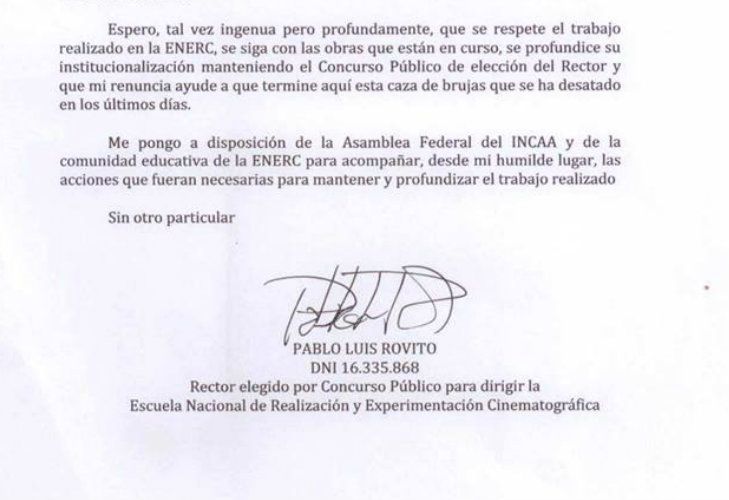 Rovito presentó su renuncia en una carta con fuertes críticas a la gestión de Cultura.