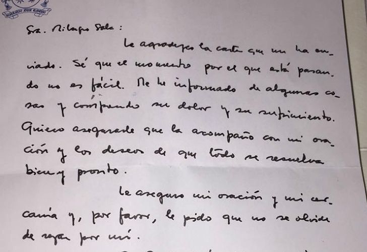 Detalle de la carta del Papa Francisco a Milagro Sala