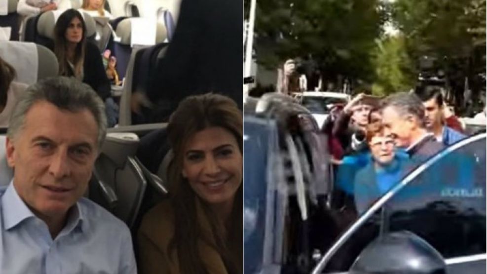 A la izquierda, Macri y Awada en avión. A la derecha, un escrache al auto del presidente en su visita a Tandil.