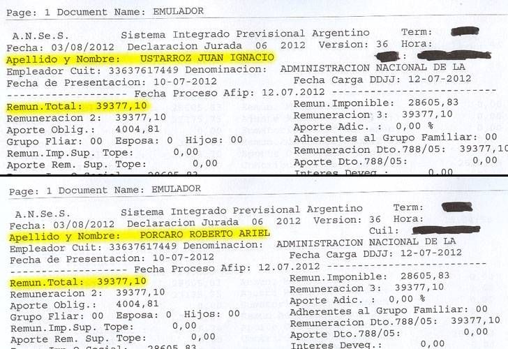 El resumen de julio de "Juani" Ustarroz y del padrino político de José Ottavis, Roberto Ariel Porcaro, en concepto de sueldo, aguinaldo y premios.