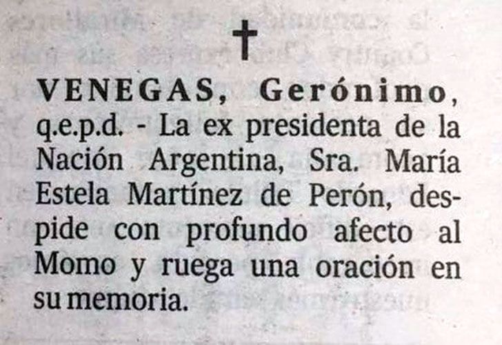 Isabel Perón despide con profundo afecto al Momo y ruega una oración en su memoria