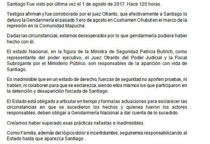 Comunicado de la familia de Santiago Maldonado.