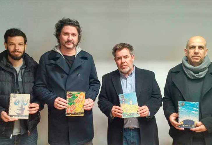 Manuel Paz, Ricky Crespo, Milo Lockett y Tito Khabie, artistas de BADA 2017 con los cuadernos de Movimiento DARTE. Estuvieron presentes en el pre-lanzamiento de esta edición.