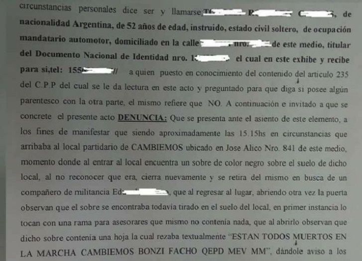 La denuncia presentada por la amenaza que se recibió en un loca de Cambiemos