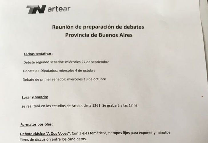 Este mediodía hubo una reunión en las oficinas de Artear, ya que el canal TN quiere ser el anfitrión del debate televisivo de la provincia de Buenos Aires antes del 22 de octubre