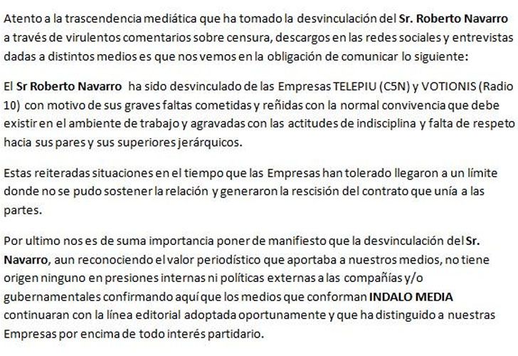 El comunicado de C5N sobre la salida de Roberto Navarro