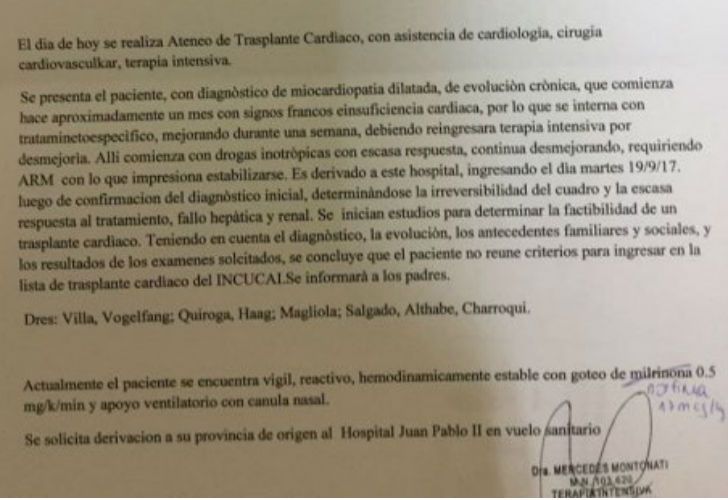 El documento que presentó el Hospital Garrahan. 