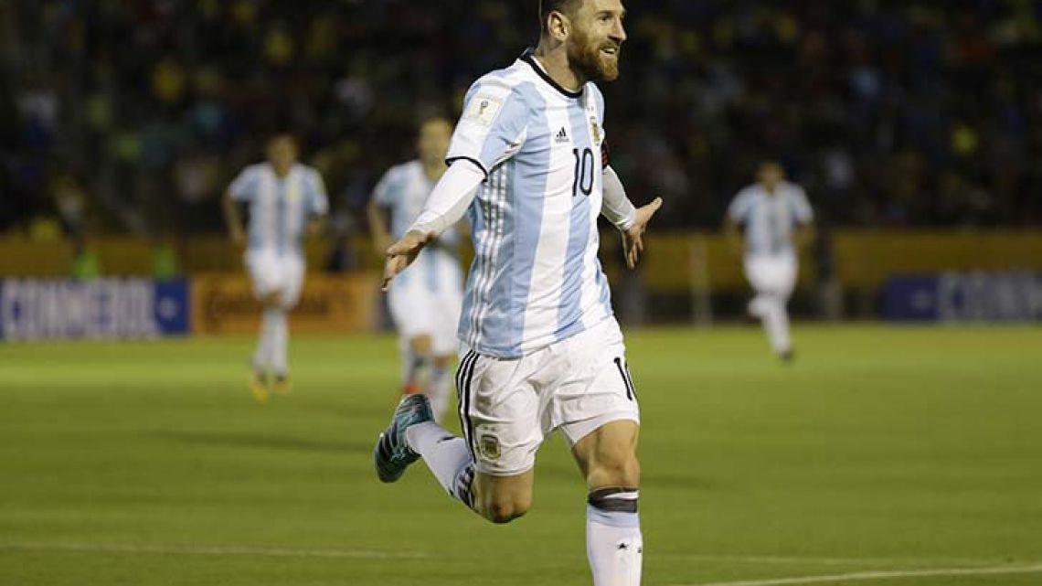 Lionel Messi celebrates after scoring his third goal against Ecuador during their 2018 World Cup qualifying soccer match at the Atahualpa Olympic Stadium in Quito, Ecuador on Tuesday night.