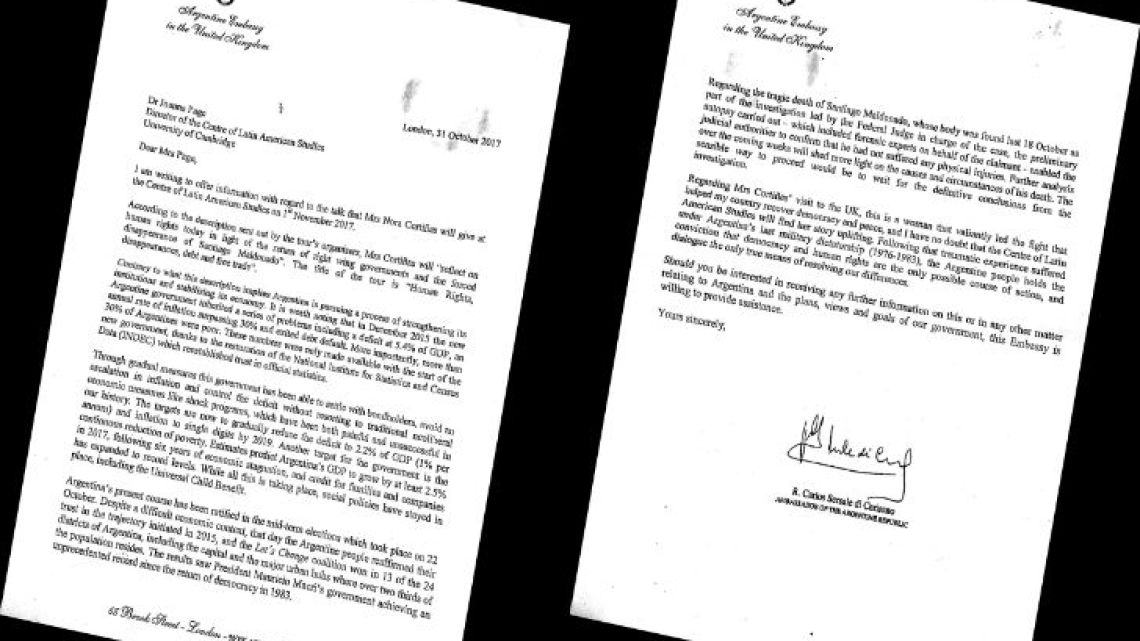 Ambassador Sersale di Cerisiano's letter defending the Mauricio Macri administration.
