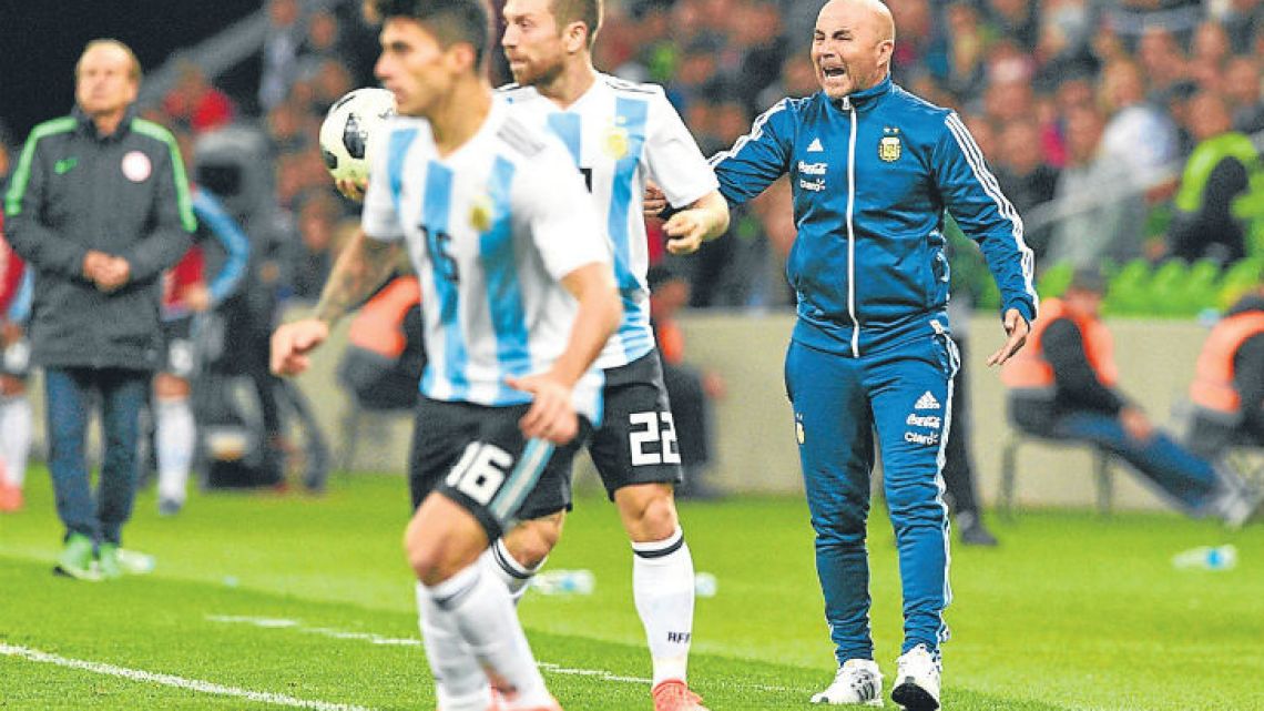 Coach Jorge Sampaoli shouts instructions to his players during the international friendly football match between Argentina and Nigeria in Krasnodar on Tuesday.