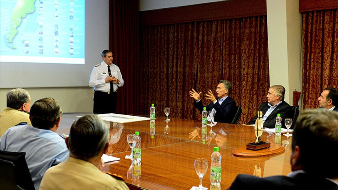 Mauricio Macri and his Defence Minister Oscar Aguad meet with Navy officials on November 21 to discuss rescue efforts to locate the missing ARA San Juan.