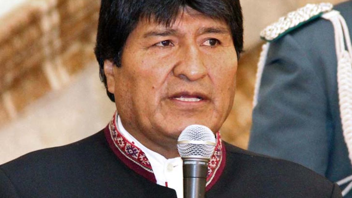 Handout picture released by the Bolivian Presidency showing Bolivian President Evo Morales delivering a speech at the presidential palace in La Paz.