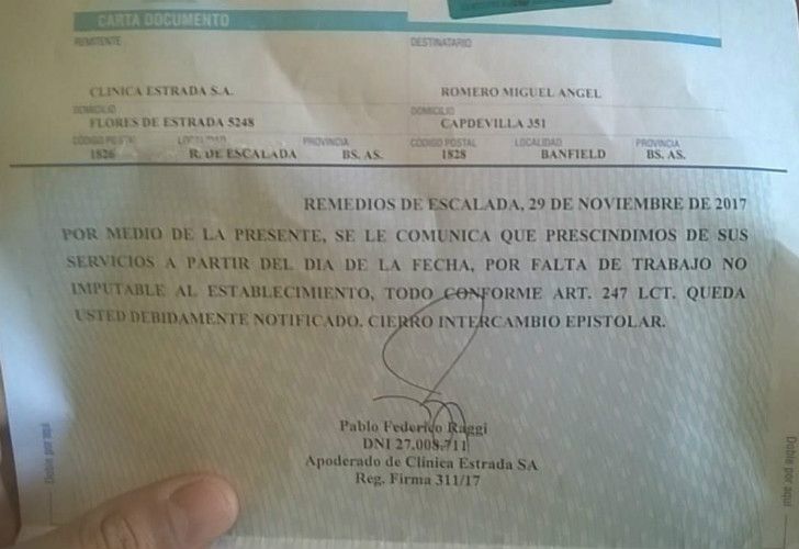 Llegaron 25 telegramas y hay rumores de cierre de la clínica.