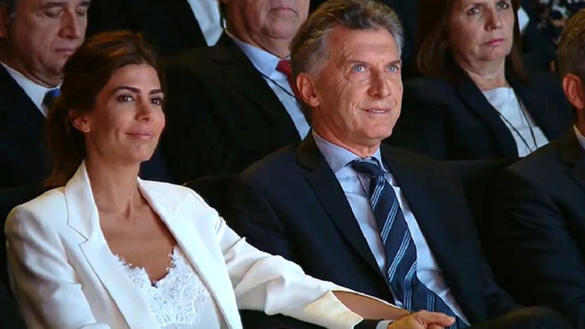 President Mauricio Macri and his wife Juliana Awada watch the hand-over ceremony of the G20 in the CCK cultural centre in Buenos Aires on Wednesday November 30, 2017.