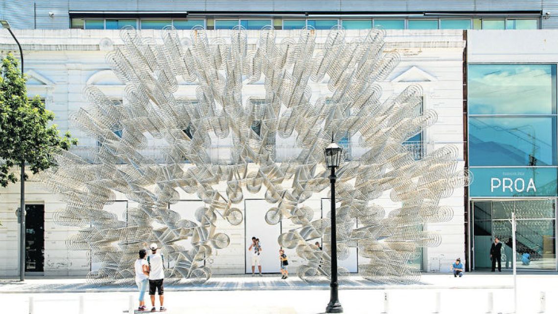 Ai Weiwei’s Forever Bicycles installation set up in front of the La Boca-based PROA.
