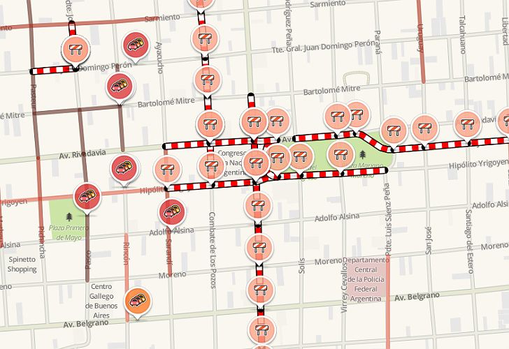 Mapa de Waze con los cortes en la zona del Congreso.