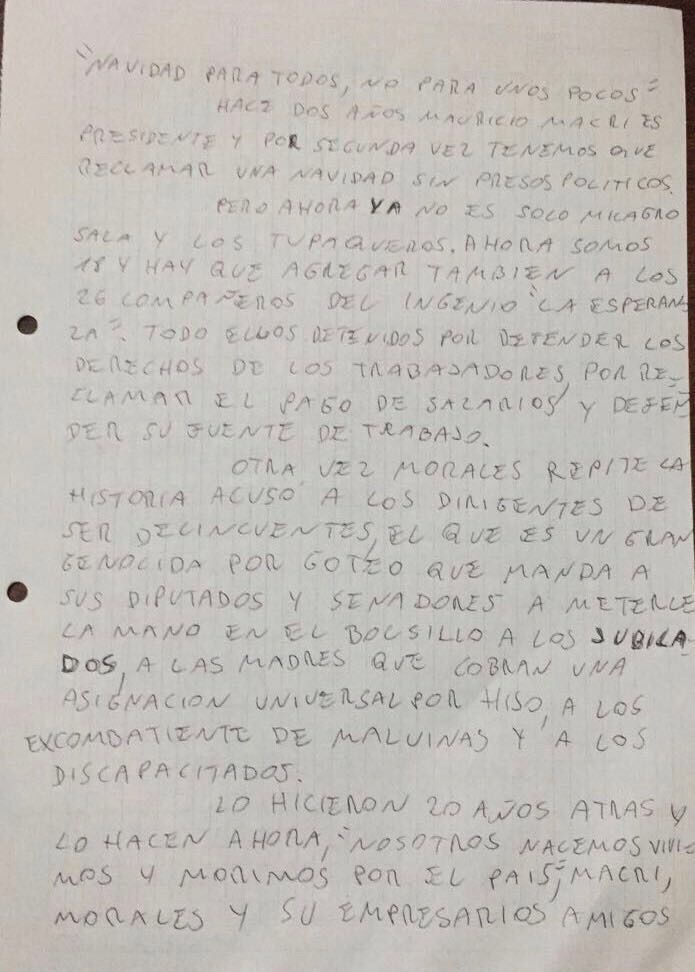 La carta de Milagro Sala a los dirigentes kirchneristas presos. 