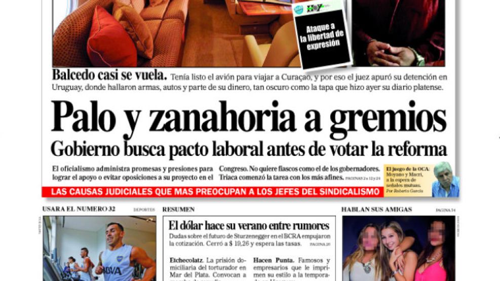 La tapa de Diario PERFIL de este sábado 0106