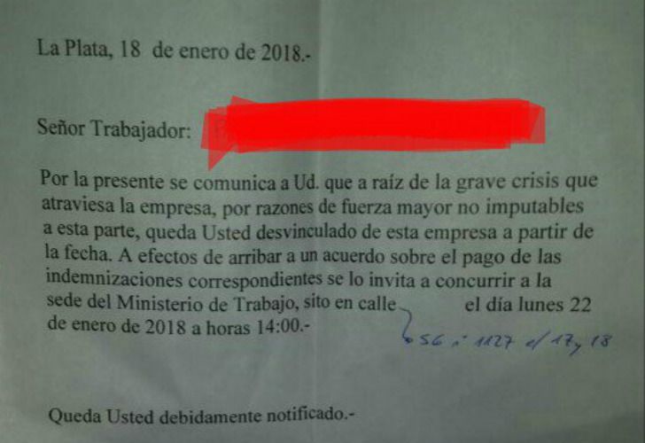 Telegrama de despidos de trabajadores del Diario Hoy