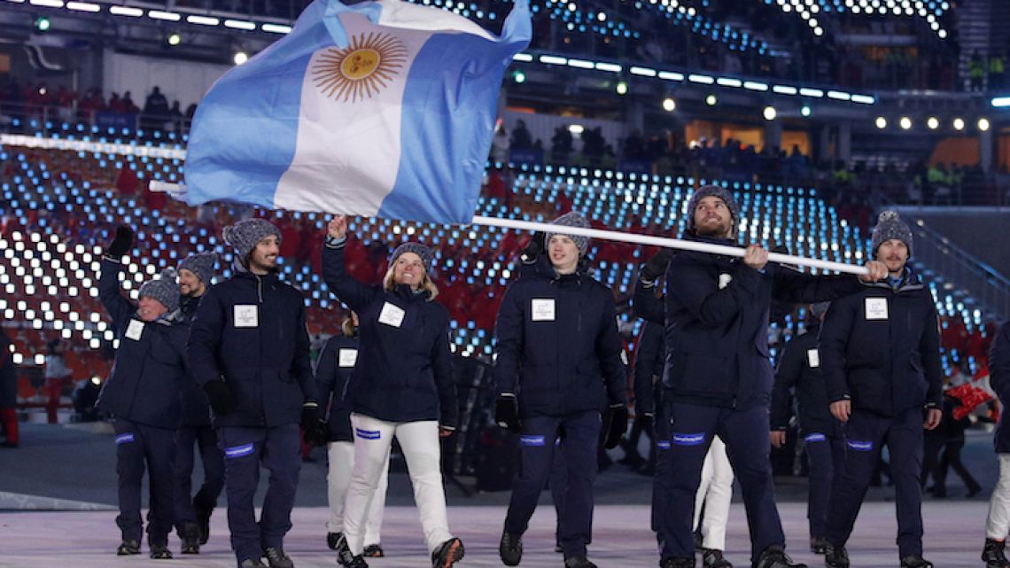 The Argentine team for the 2018 Winter Olympics in Pyeongchang, South Korea walks out during the opening ceremony on February 9.