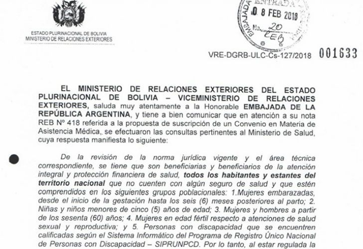 Mediante la nota N° 001633 de fecha 8 de febrero de 2018, Bolivia rechazó el pedido de Argentina.