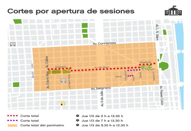 Las calles que estarán cortadas este jueves en el centro por la apertura de sesiones. 