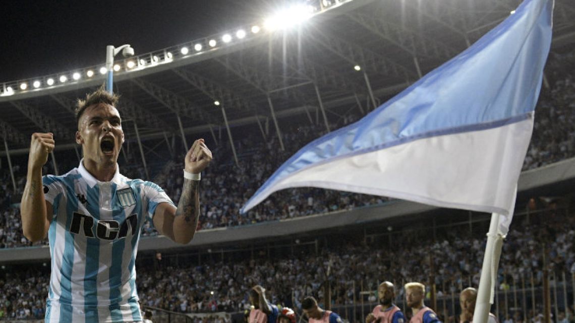 Forward Lautaro Martínez celebrates after scoring the team’s third goal against Brazil’s Cruzeiro during their Copa Libertadores 2018 Group E match on Tuesday. 