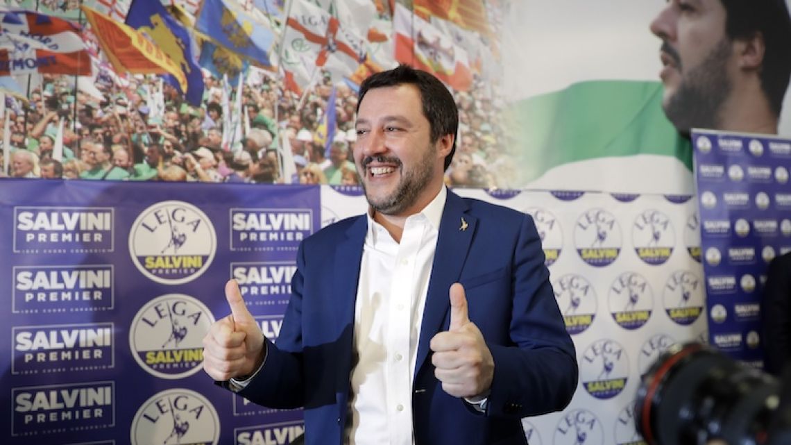 Matteo Salvini, leader of Italy’s right-wing, anti-immigrant and euro-skeptic party Lega, gives the thumbs up at a press conference in Milan on Monday.