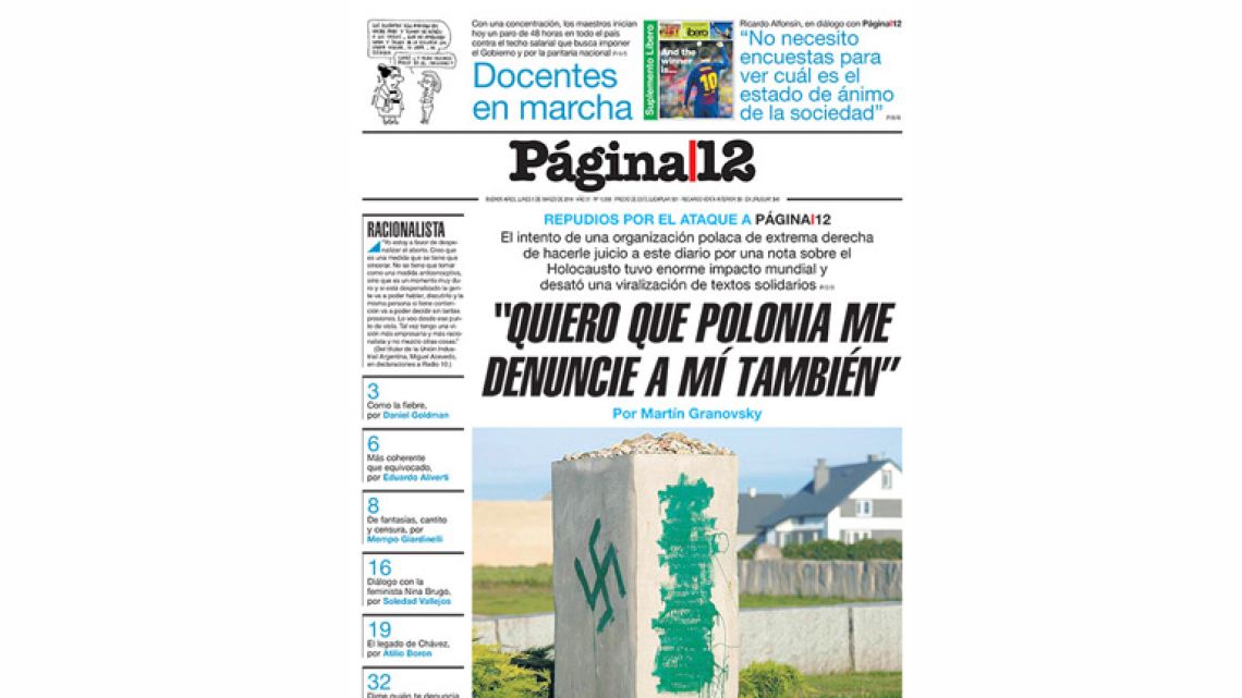 The frontpage of Pagina|12 on Monday.