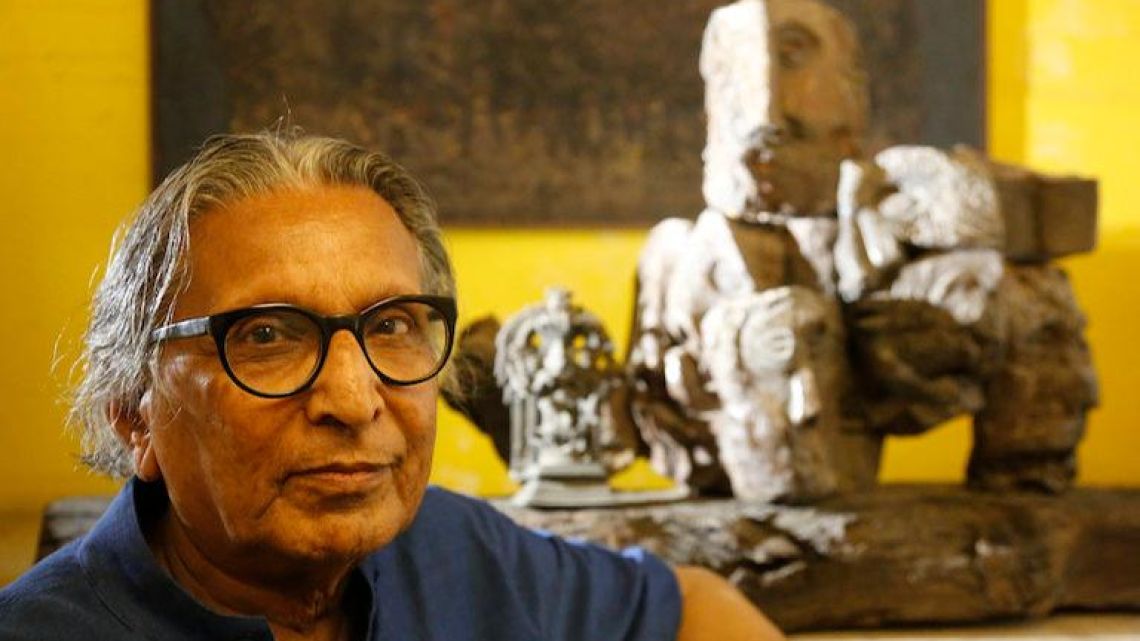 India's Balkrishna Doshi, winner of the 2018 Pritzker Architecture Prize, poses at his home in Ahmadabad, India on Wednesday.