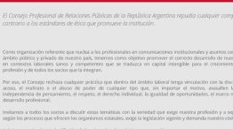 El Consejo Argentina de RR.PP publicó un comunicado luego de las denuncias por acoso.