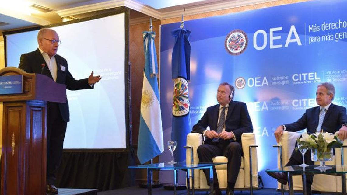 Foreign Minister Jorge Faurie delivers a speech during an event on telecommunications in the Americas organised by the Organisation of American States (OAS).