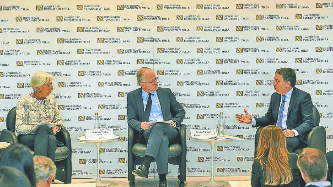 IMF director Christine Lagarde (left) attends an event at the Universidad Torcuato Di Tella on Thursday.