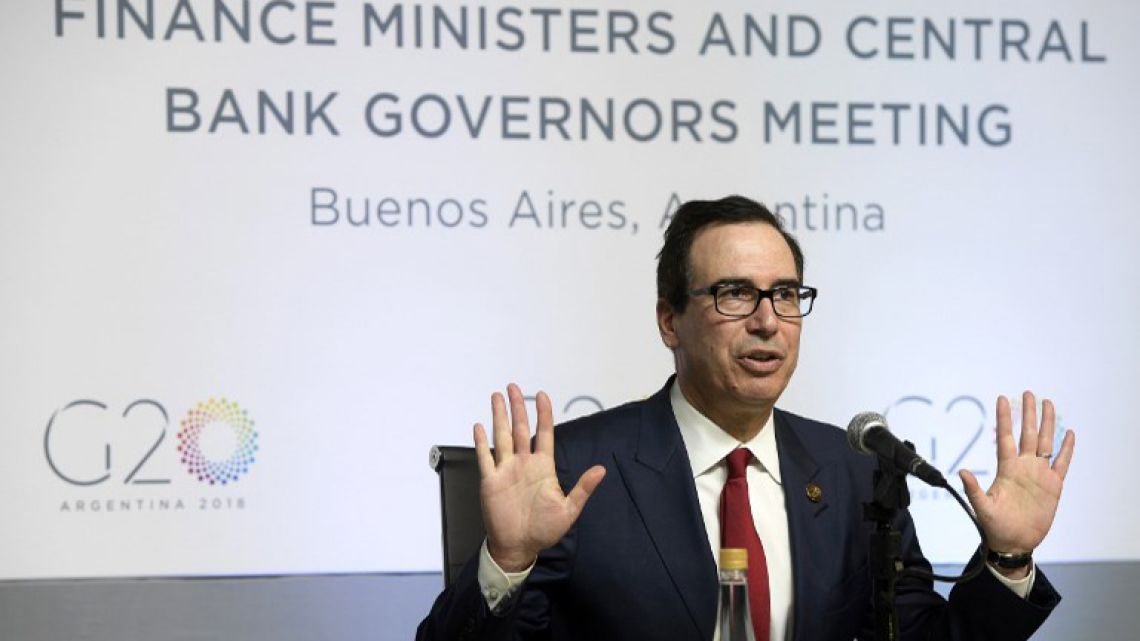 US Treasury Secretary Steven Mnuchin delivers a speech during the G20 meeting of Finance Ministers and Central Bank Governors, in Buenos Aires.