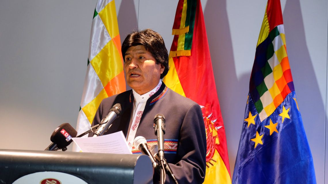 Bolivian President Evo Morales speaks to the media after a hearing at the International Court of Justice in The Hague, Netherlands on Tuesday.