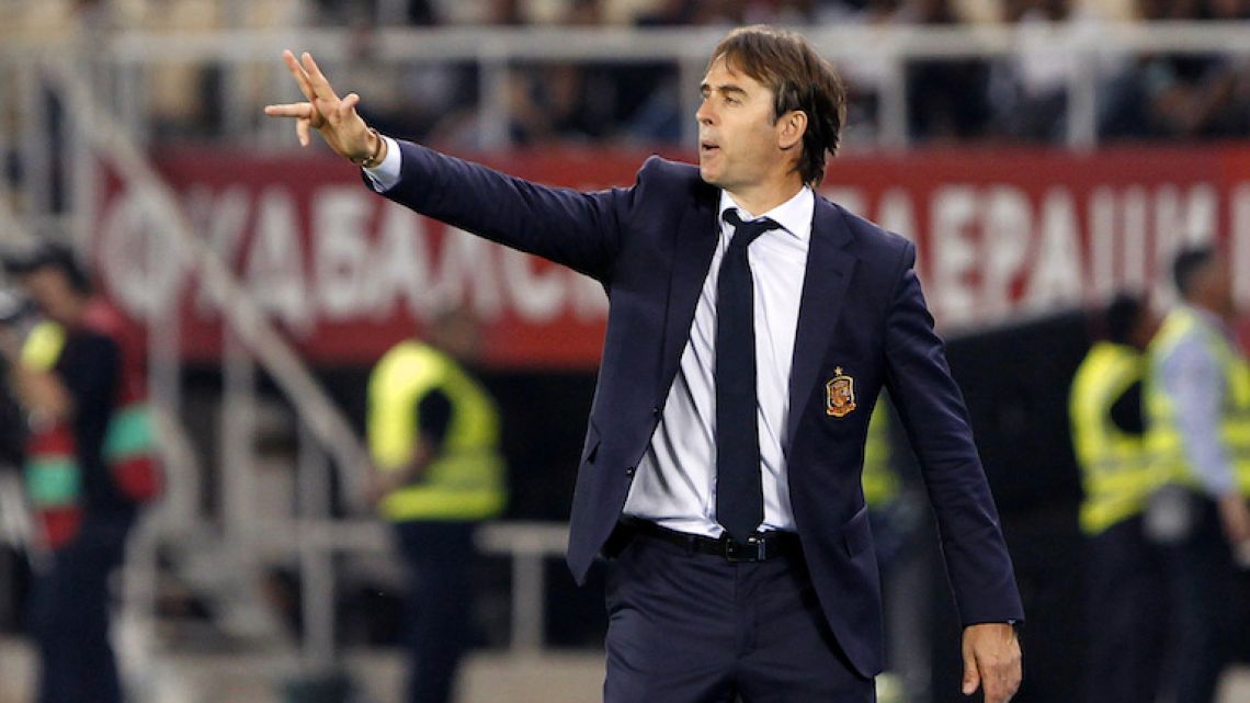 Spain national team head coach Julen Lopetegui gives instructions to his players during their World Cup qualifying soccer match against Macedonia in Skopje, Macedonia last June.