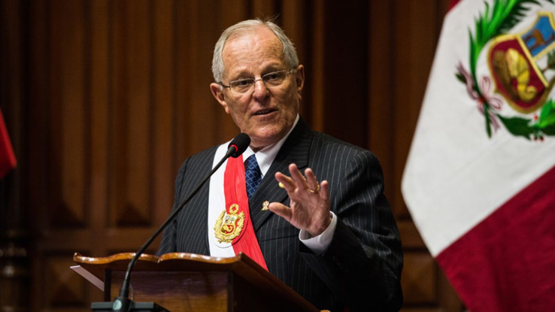 In this file photo taken in 2017, Peru’s President Pedro Pablo Kuczynski delivers a speech during Independence Day celebrations, at the National Congress in Lima.