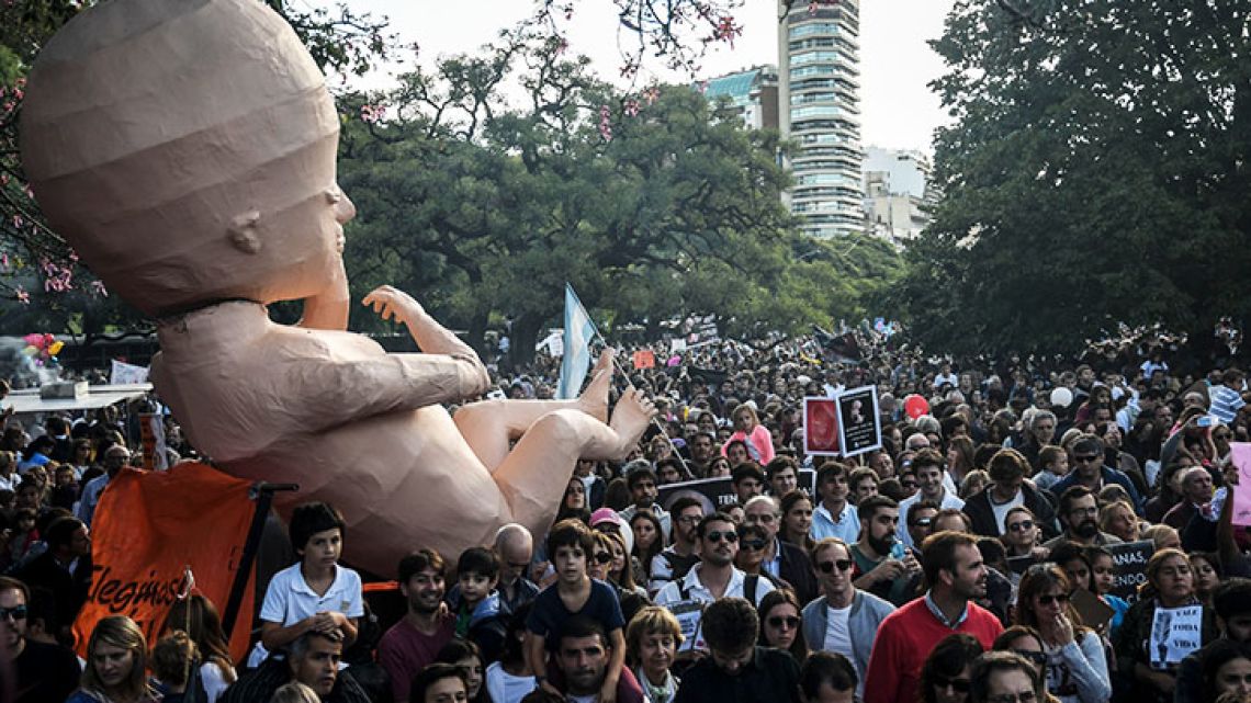 An anti-abortion protest flooded Libertador avenue in Palermo, Buenos Aires on Sunday March 25, 2018.