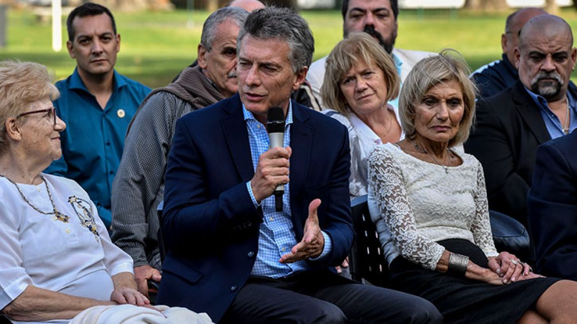 President Mauricio Macri with relatives of the Argentine soldiers who died in the 1982 Malvinas Islands War.