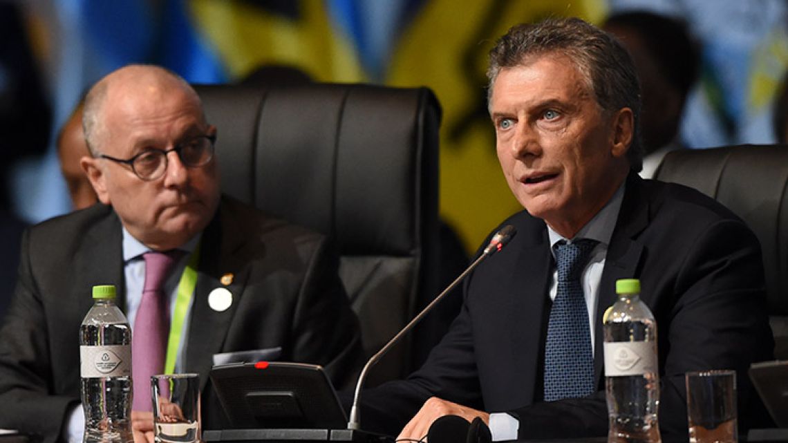 President Mauricio Macri speaks during the plenary session of the Eighth Americas Summit in Lima, on April 14, 2018.